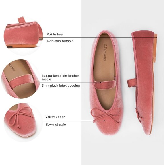 Women's Velvet Bow Pink Upper Round Toe Ballerinas Pull On Flats Ballet Shoes - Picture 4 of 6